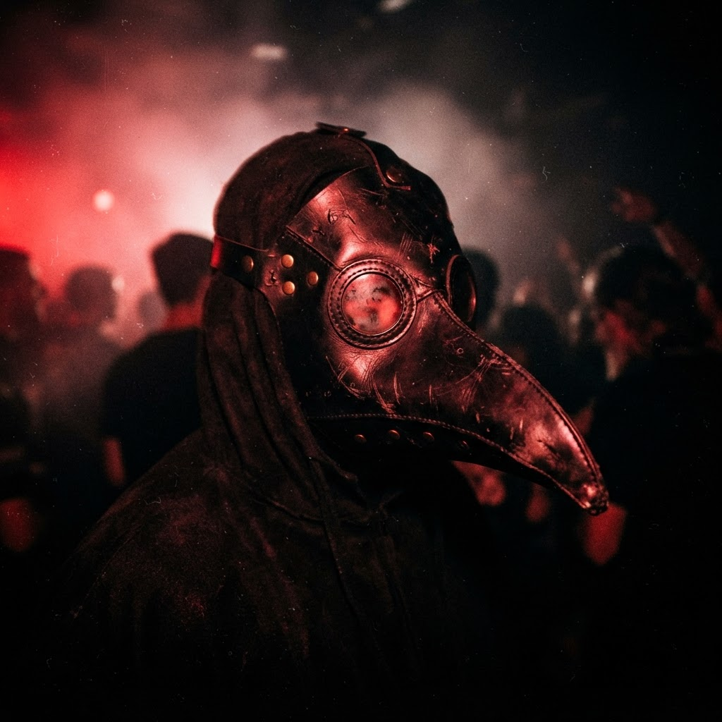 Close-up of a black leather plague doctor mask lit by red strobe