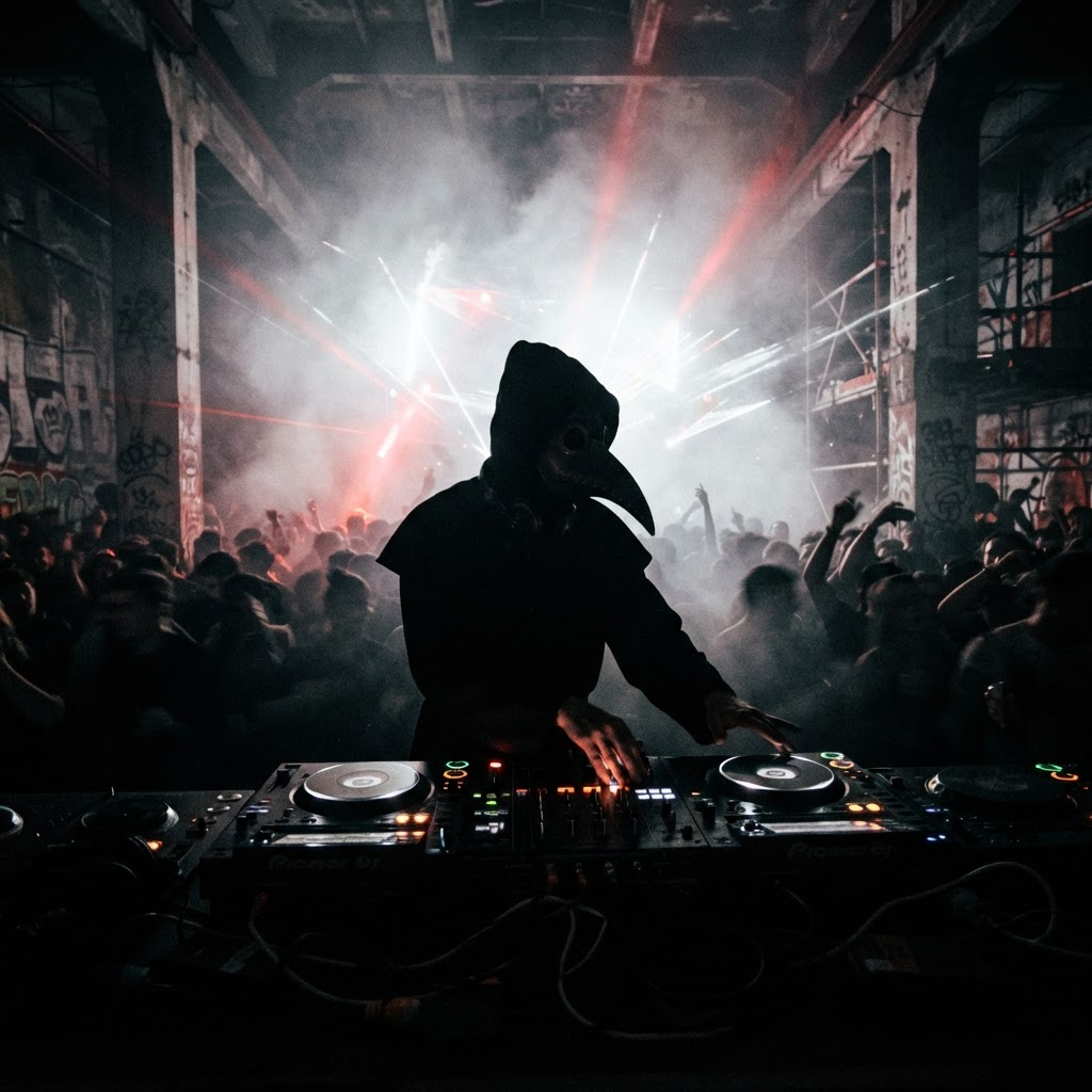 Masked DJ silhouette behind a mixing console in crimson haze
