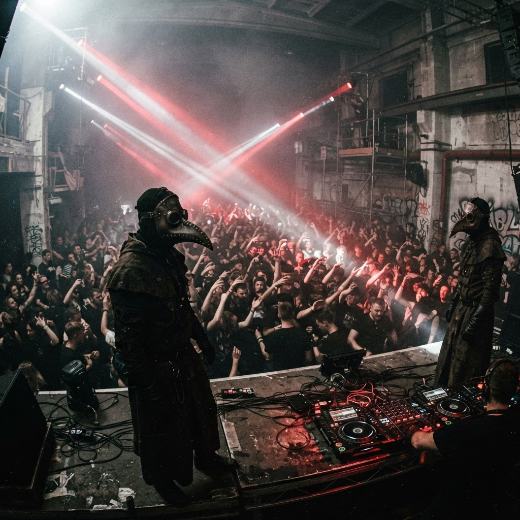 Foggy underground warehouse crowd with hands raised