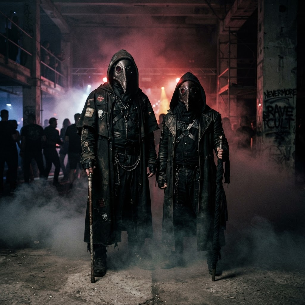 Two masked figures in black plague doctor masks shrouded in fog